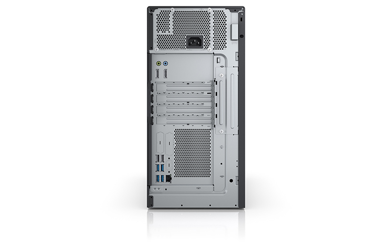 Tylny panel komputera tower Fujitsu Celsius W5011 z portami, gniazdami rozszerzeń i wentylatorem zasilacza