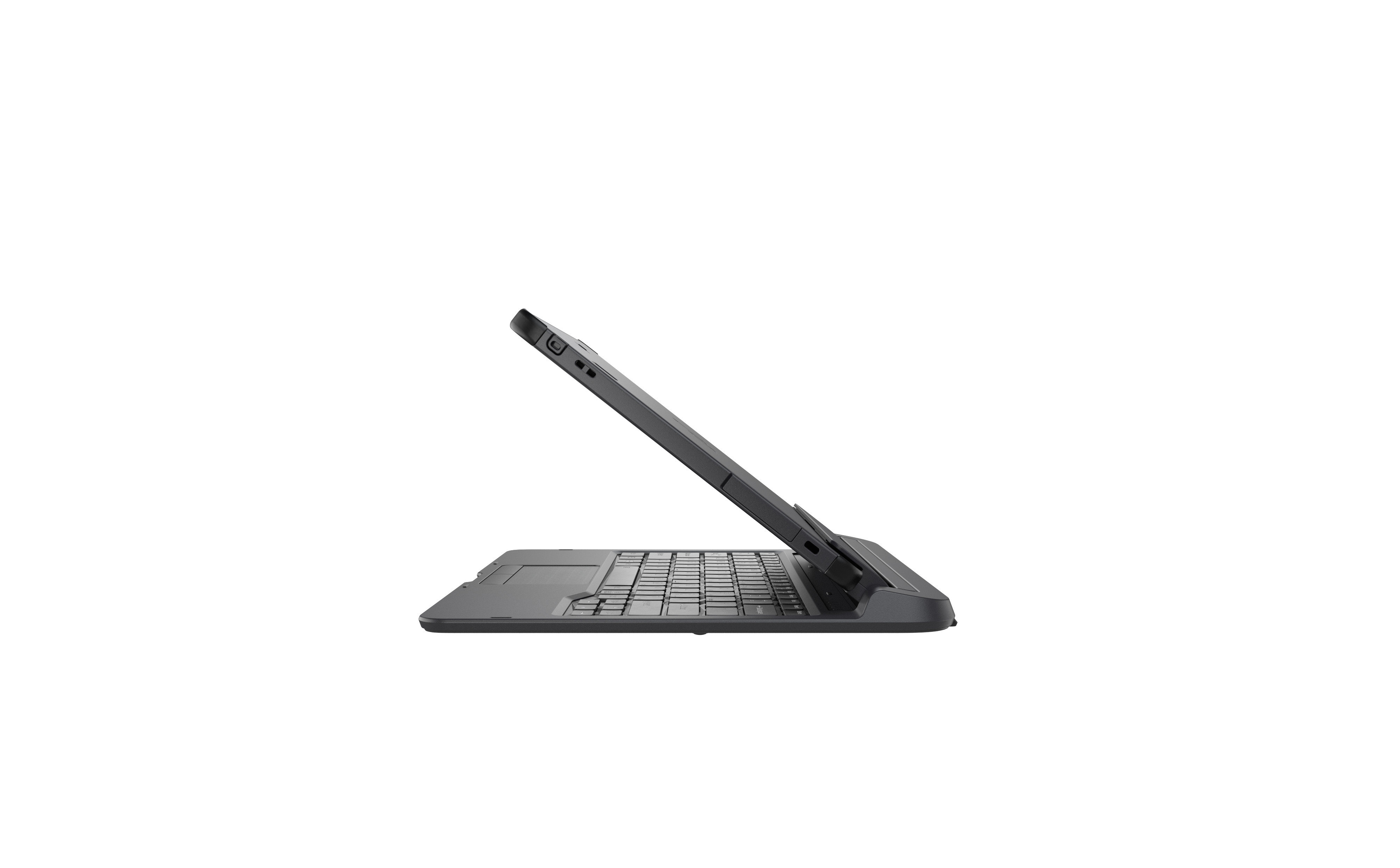 Tablet w czarnym etui z klawiaturą, ustawiony bokiem pod kątem na podstawce, widok z profilu
