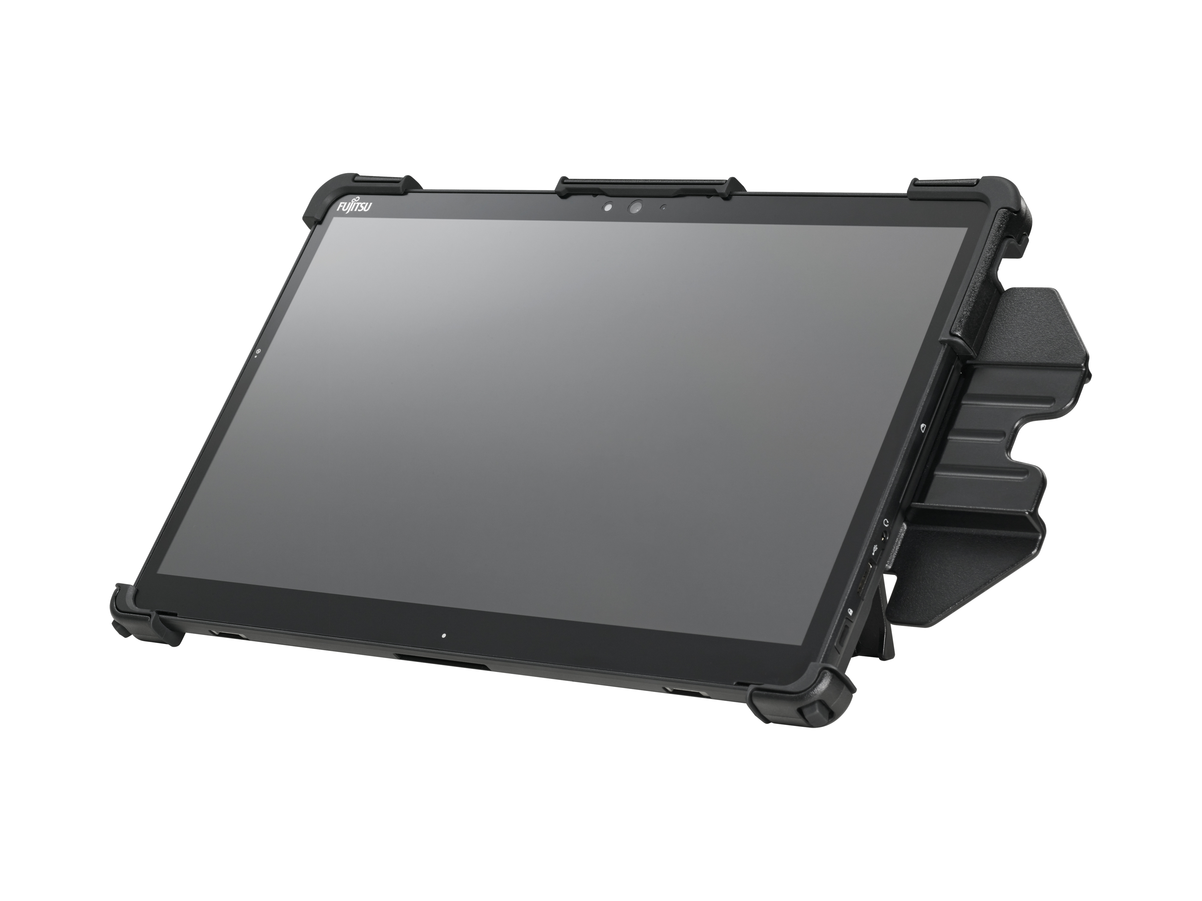 Czarny wytrzymały tablet Fujitsu w gumowej obudowie z podstawką, ustawiony pod kątem na białym tle