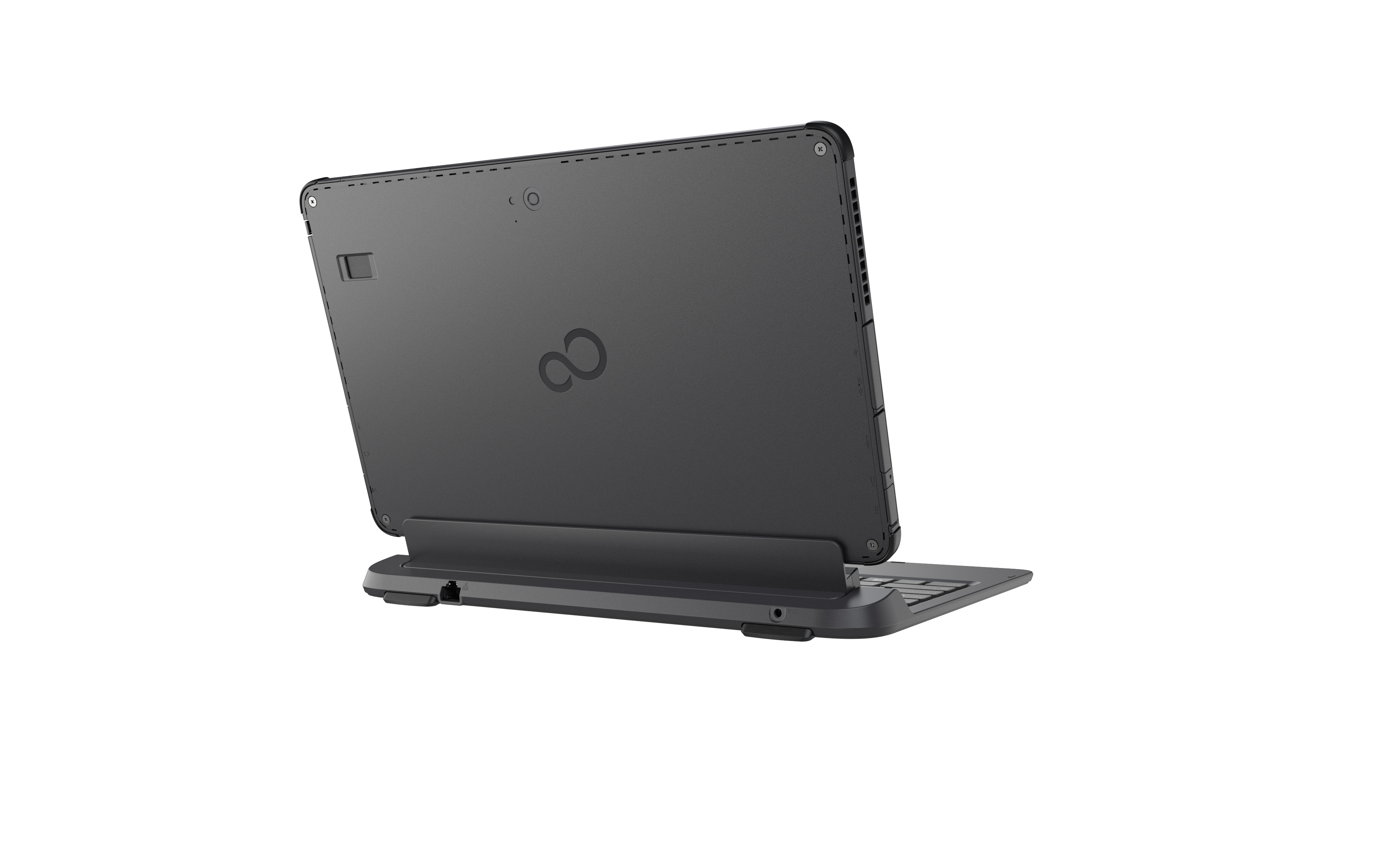 Tablet Fujitsu w czarnej obudowie z logo na tylnej ściance, osadzony w klawiaturowej stacji dokującej z portami.