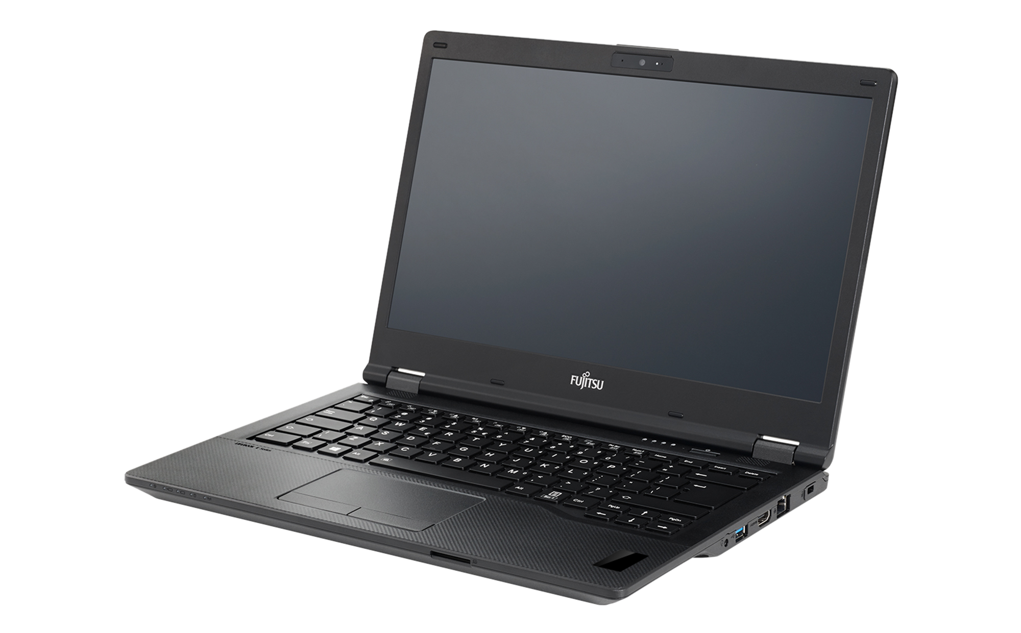 Czarny laptop Fujitsu LIFEBOOK z szeroką klawiaturą i ekranem w widoku pod kątem, na białym tle