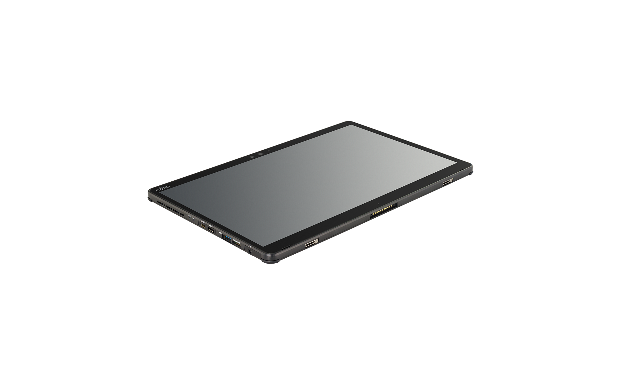 Czarny tablet Fujitsu ułożony ekranem do góry, widoczne złącza USB, HDMI i czytnik kart microSD na krawędzi