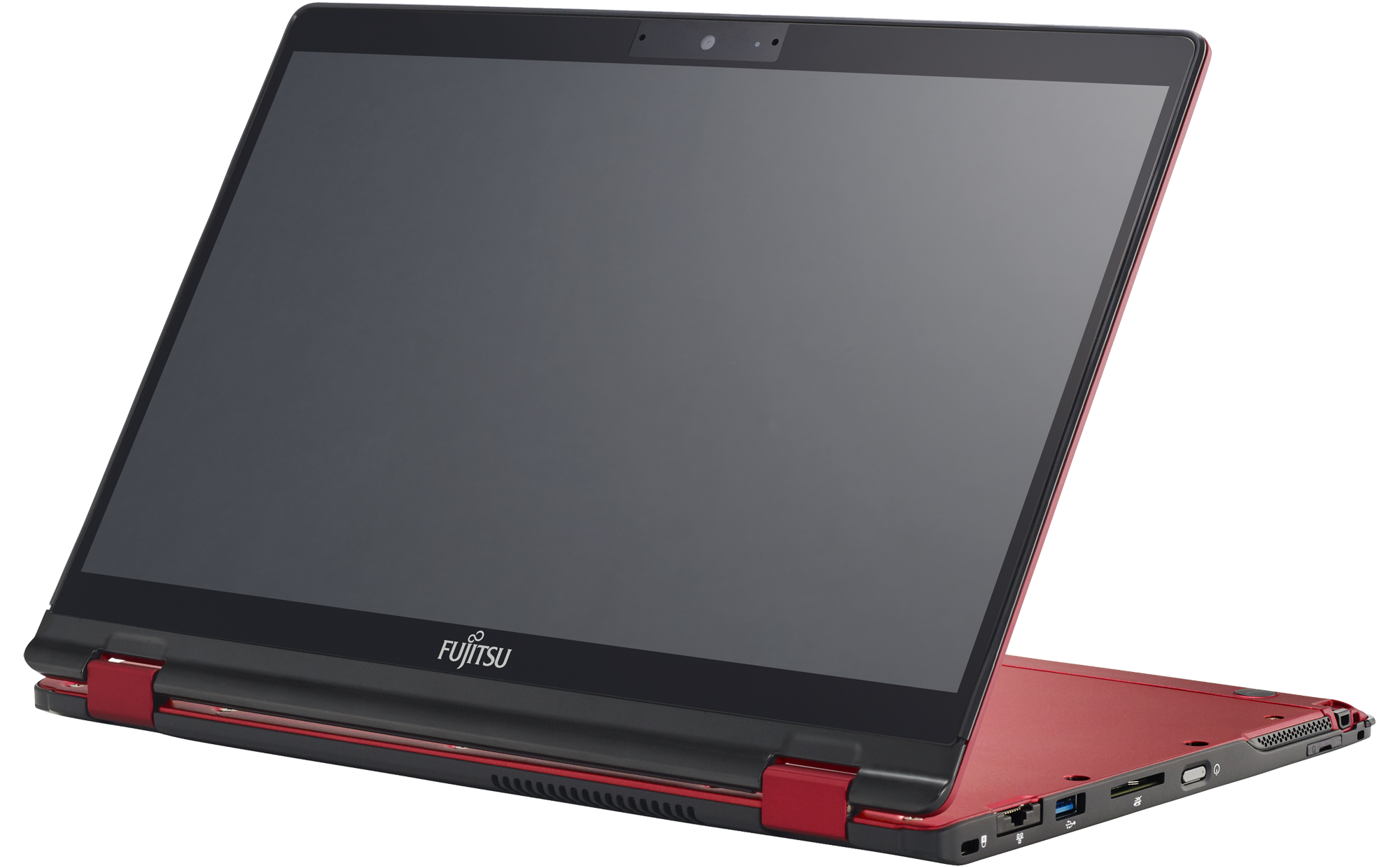 Czerwony laptop Fujitsu z czarnym ekranem, widok od tyłu i z boku, z portami po prawej stronie