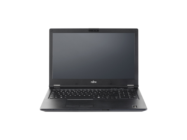 Laptop Fujitsu z czarną obudową, widok z przodu, na białym tle, klawiatura i touchpad
