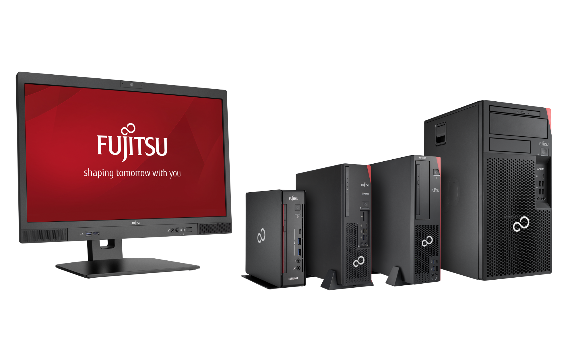 Monitor All-in-One i trzy komputery stacjonarne Fujitsu Esprimo w różnych rozmiarach obudów, czarne z czerwonymi akcentami
