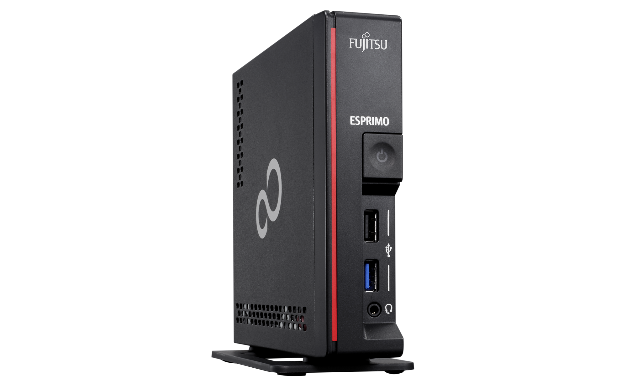 Czarny mini komputer Fujitsu ESPRIMO z czerwonym paskiem, przyciskiem zasilania i portami USB na froncie, na białym tle