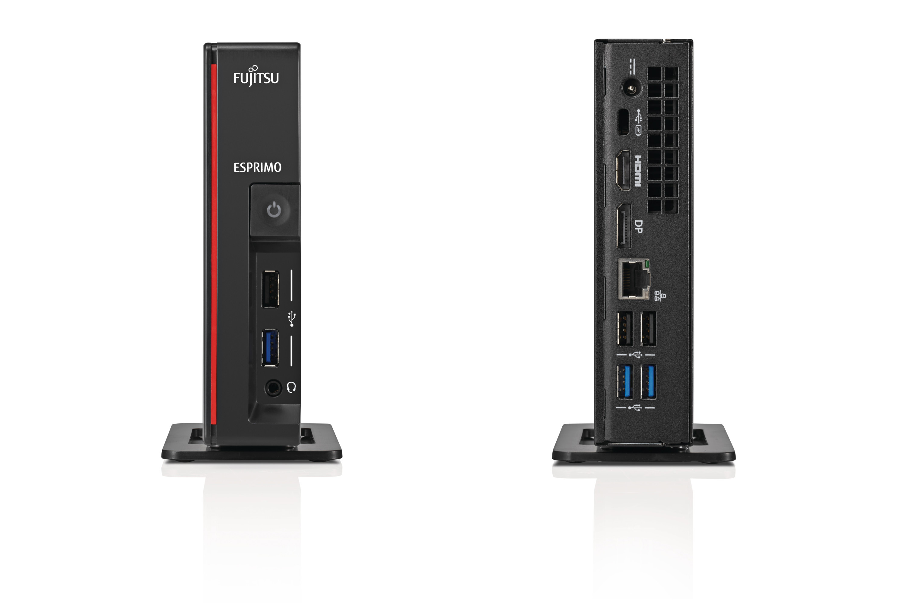Mini-komputer Fujitsu ESPRIMO na stojaku, widok z przodu i z tyłu z portami HDMI, DP, USB i LAN