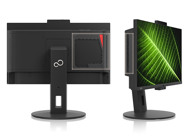Monitor Fujitsu z tyłu i z boku: czarna obudowa, podstawa, moduł PC z kratką wentylacyjną i kamerka na górze