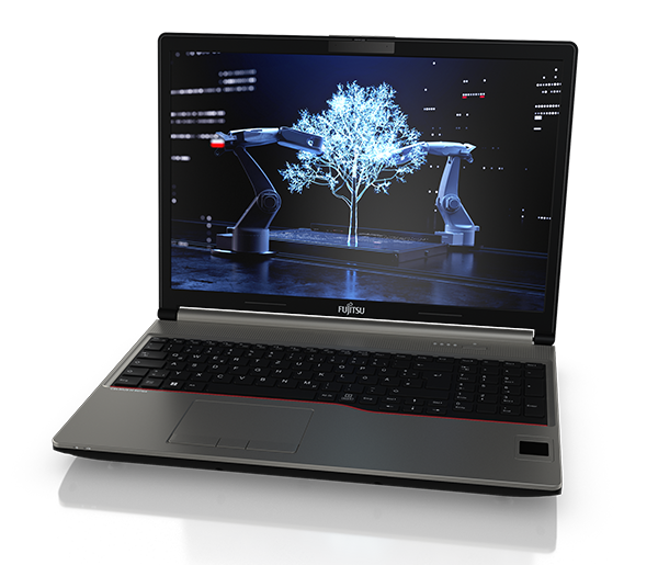 Laptop Fujitsu w ciemnoszarej obudowie, widok z lewego przodu, z ekranem pokazującym roboty przemysłowe i świecące drzewo.