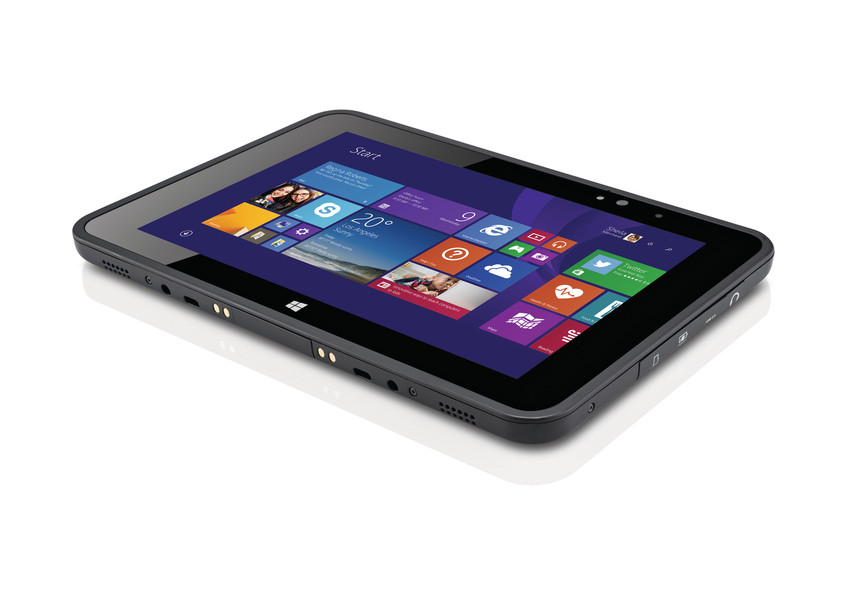 Tablet Fujitsu Stylistic V535 z systemem Windows 8, ujęcie pod kątem, czarna obudowa z ekranem startowym.