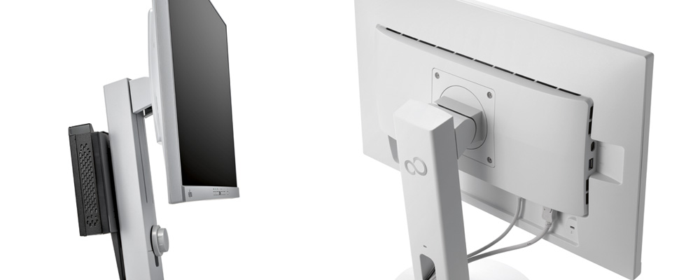 Monitor Fujitsu P24-9 w białej obudowie z regulowaną podstawą i tyłem z portami oraz mocowaniem VESA