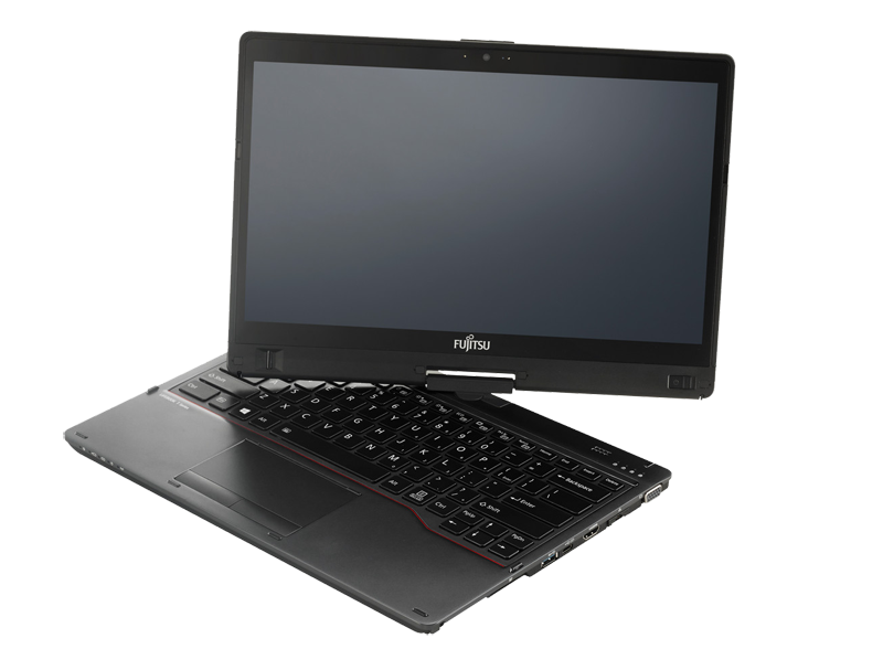 Laptop Fujitsu Lifebook T938 w trybie tabletu z odchylonym ekranem, widok pod kątem na klawiaturę i touchpad.