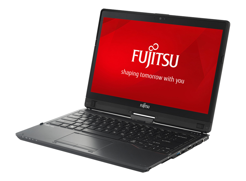 Laptop Fujitsu Lifebook T938 z czarną obudową, otwarty pod kątem, z czerwonym ekranem i logo Fujitsu.