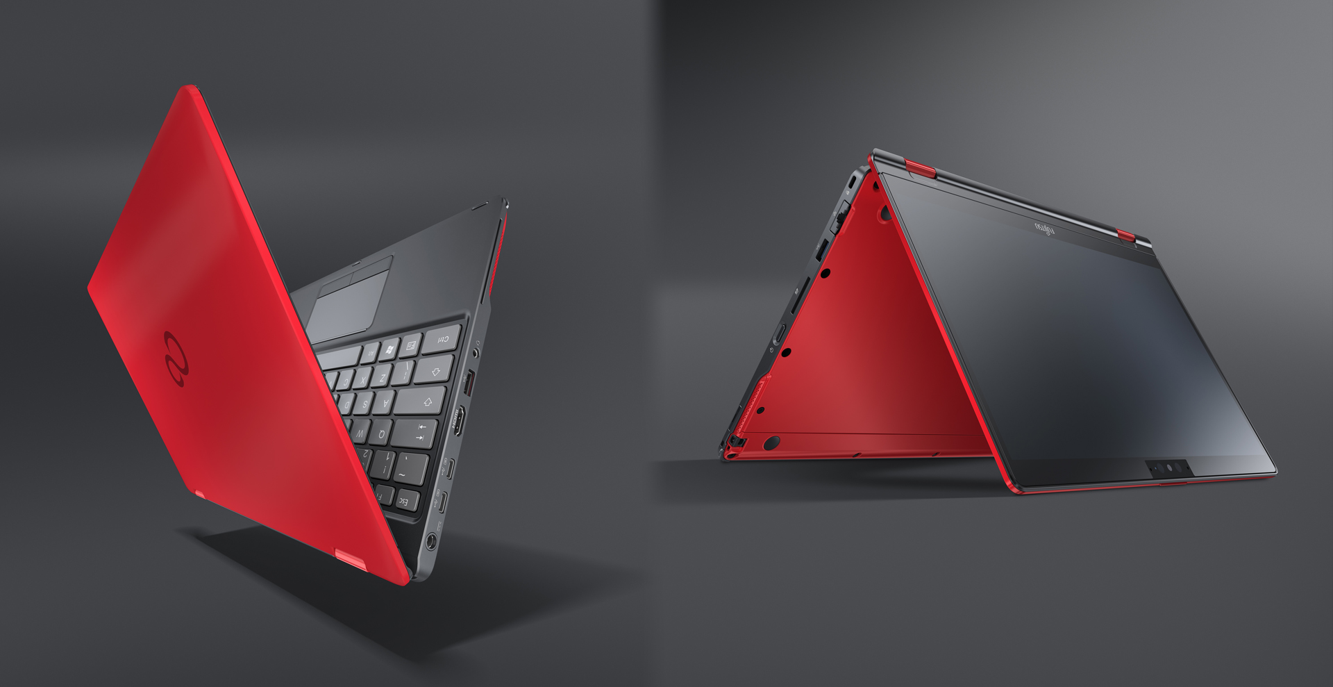 Dwa ujęcia laptopa Fujitsu Lifebook U939X w czerwonej obudowie: z otwartą klapą oraz w trybie składania.