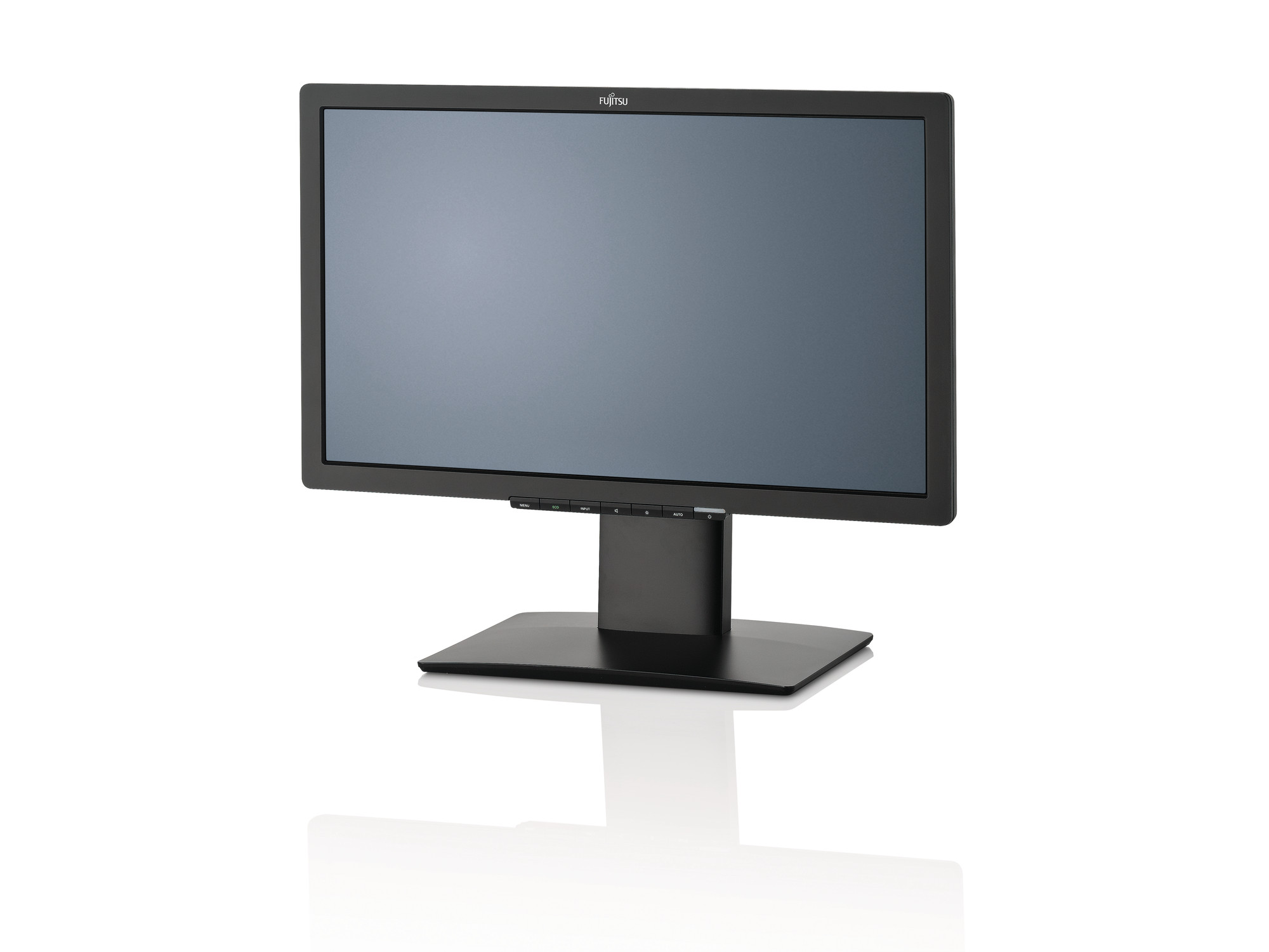 Monitor Fujitsu B22T-7 Pro w czarnej obudowie na smukłej podstawie, widok z przodu pod kątem