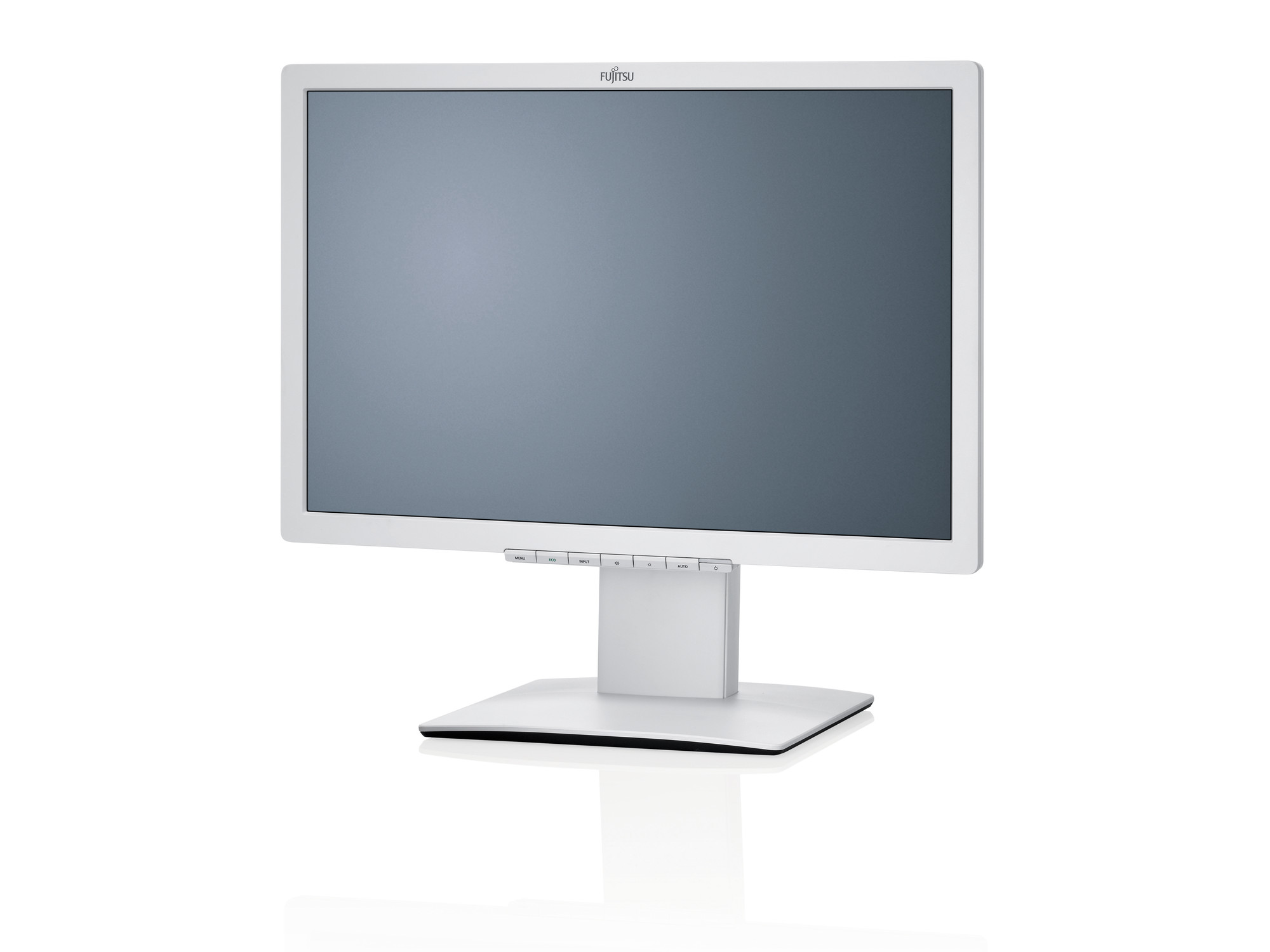 Biały monitor Fujitsu B22W-7 na smukłej podstawie, widok z przodu pod kątem, z przyciskami sterowania pod ekranem