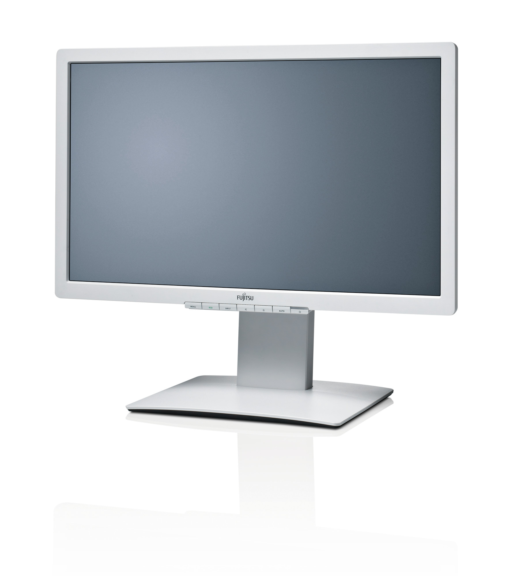 Monitor Fujitsu B23T-7 w białej obudowie, ujęcie pod kątem, z panelem sterowania pod ekranem