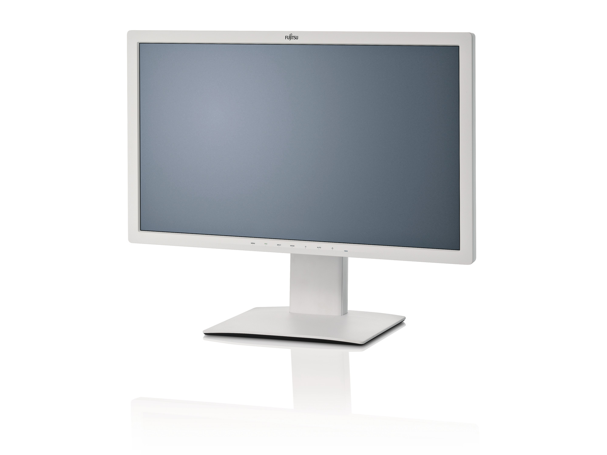 Monitor Fujitsu B27T-7 w białej obudowie na regulowanej podstawie, widok z lekkiego ujęcia z odbiciem na białym tle