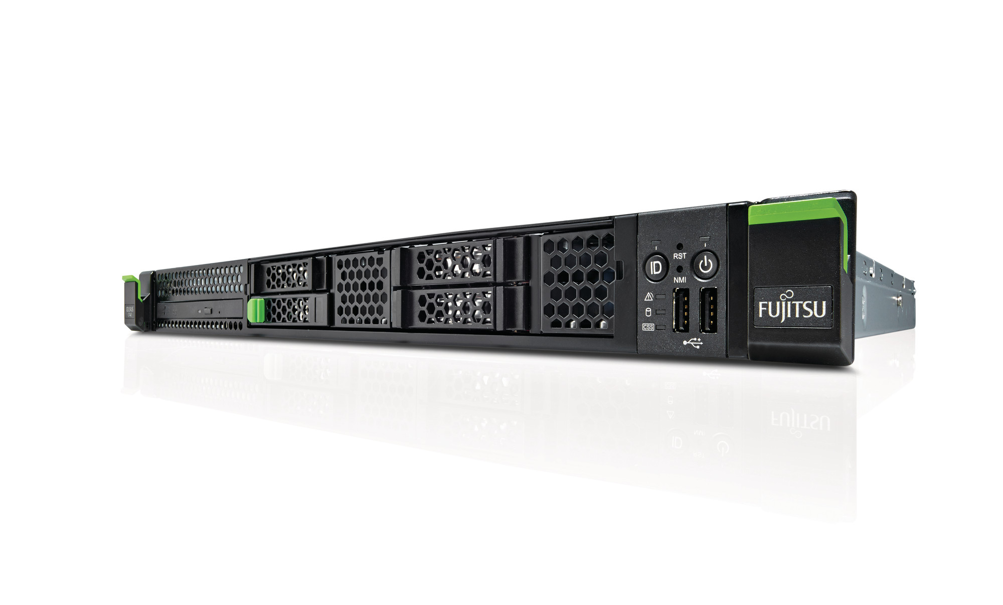 Serwer rackowy Fujitsu PRIMERGY 1U w ujęciu bocznym, czarna obudowa z zielonymi akcentami i panelem z przyciskami.