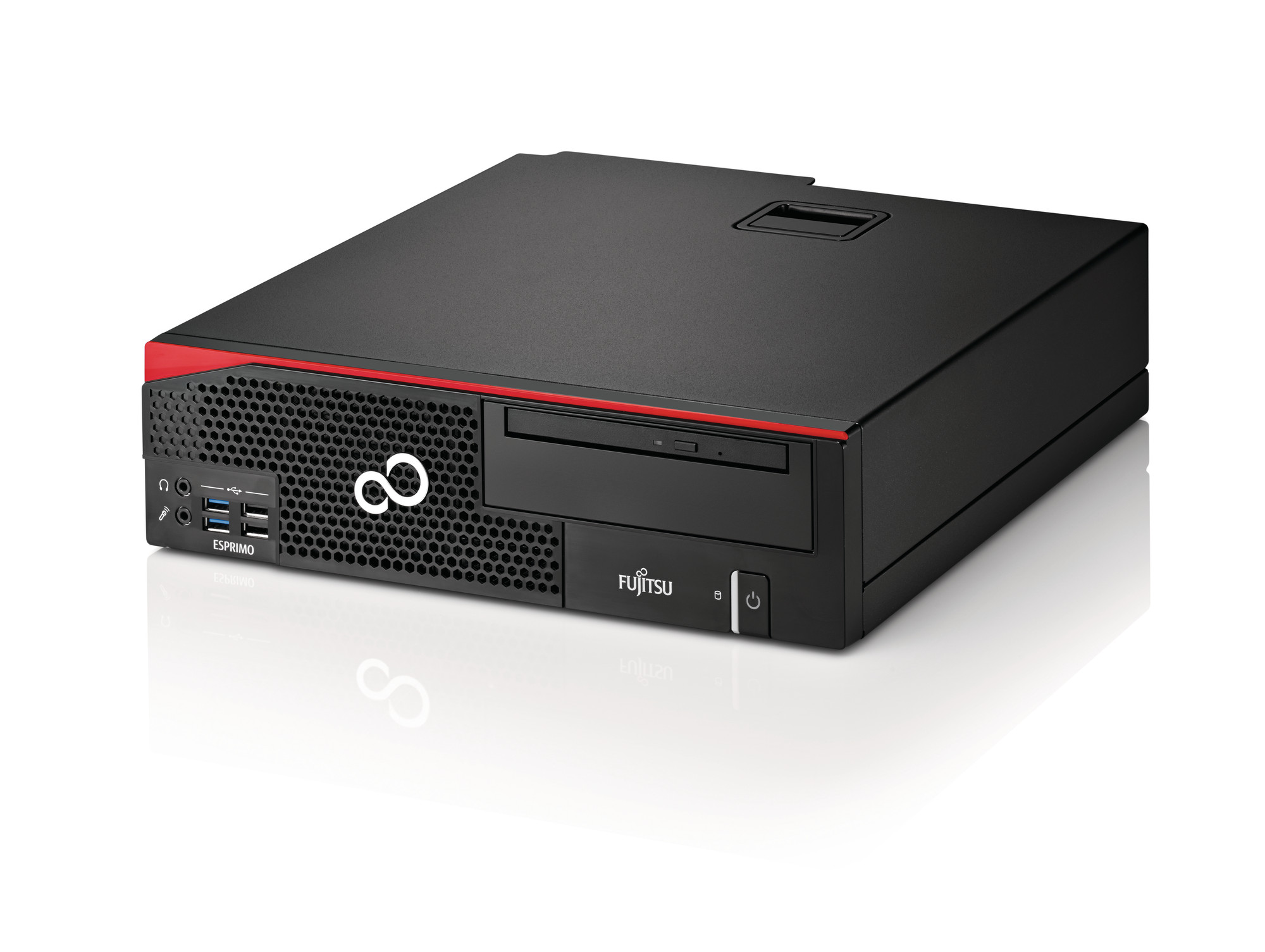 Komputer stacjonarny Fujitsu ESPRIMO D756 w obudowie SFF, czarny z czerwonym akcentem, widok z przodu