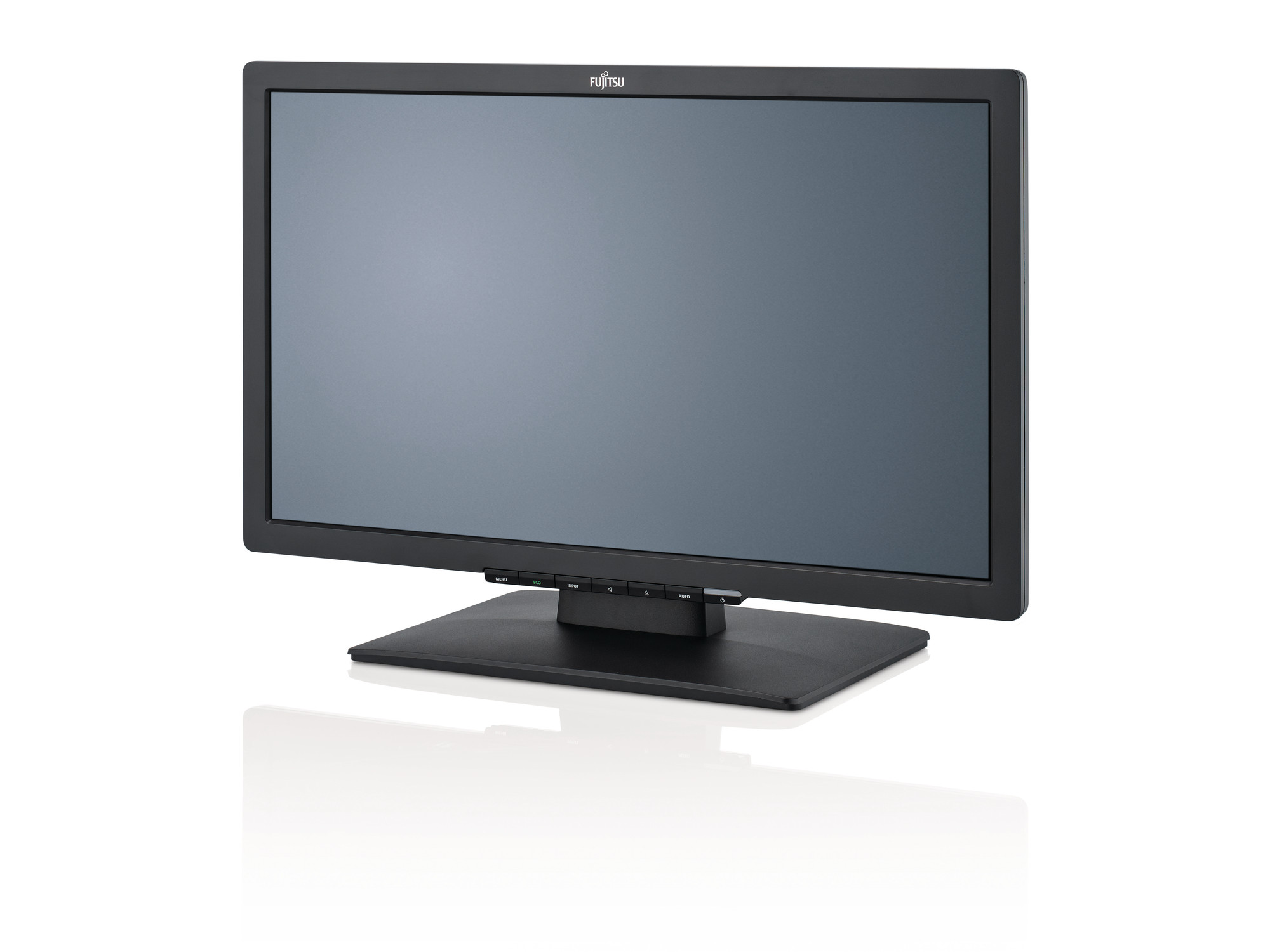 Czarny monitor Fujitsu E22T-7 Pro z panelem ekranowym i przyciskami sterowania pod ramką, ujęcie z boku