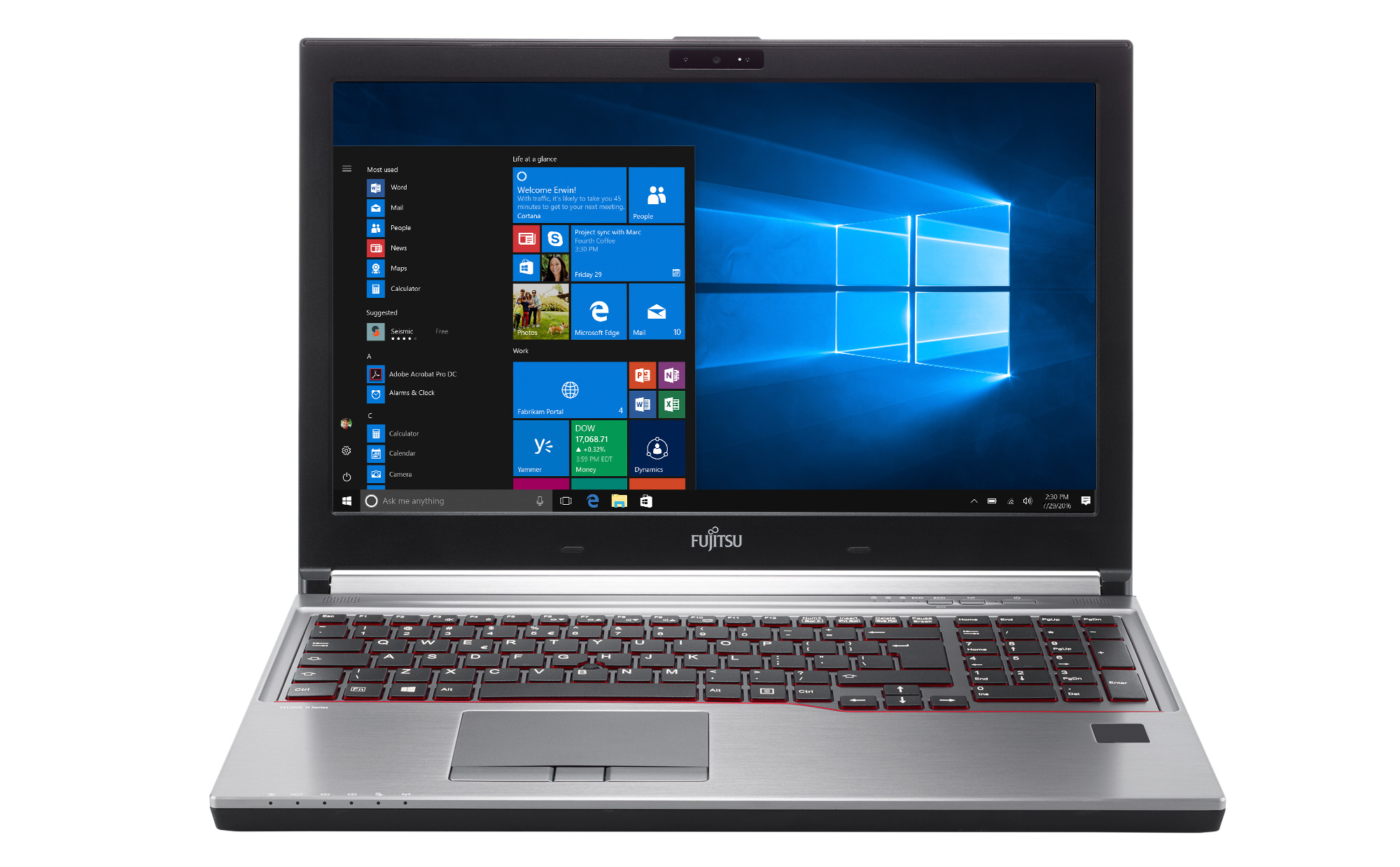 Laptop Fujitsu LIFEBOOK E756 z otwartym menu Start Windows 10, widok z przodu na srebrnej obudowie
