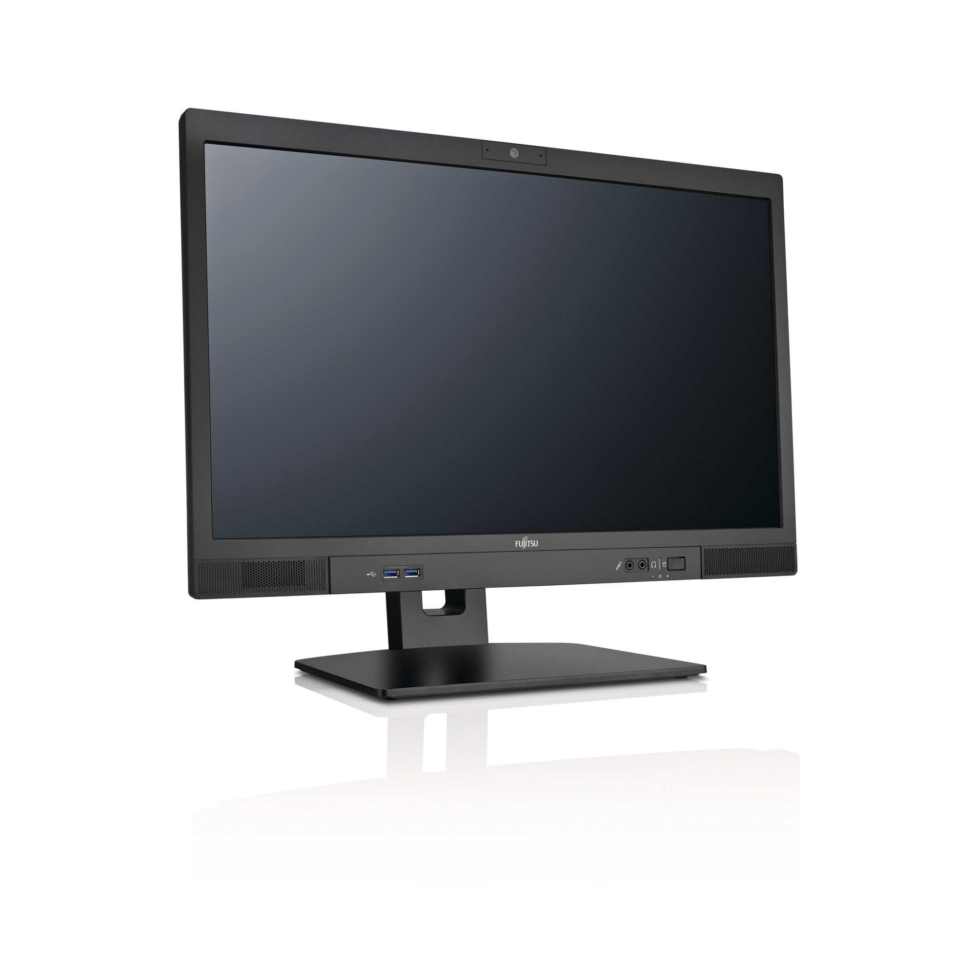 Monitor Fujitsu z kamerą w górnej ramce, dwoma portami USB i głośnikami po bokach, na czarnej podstawie, ujęcie z lewej strony.