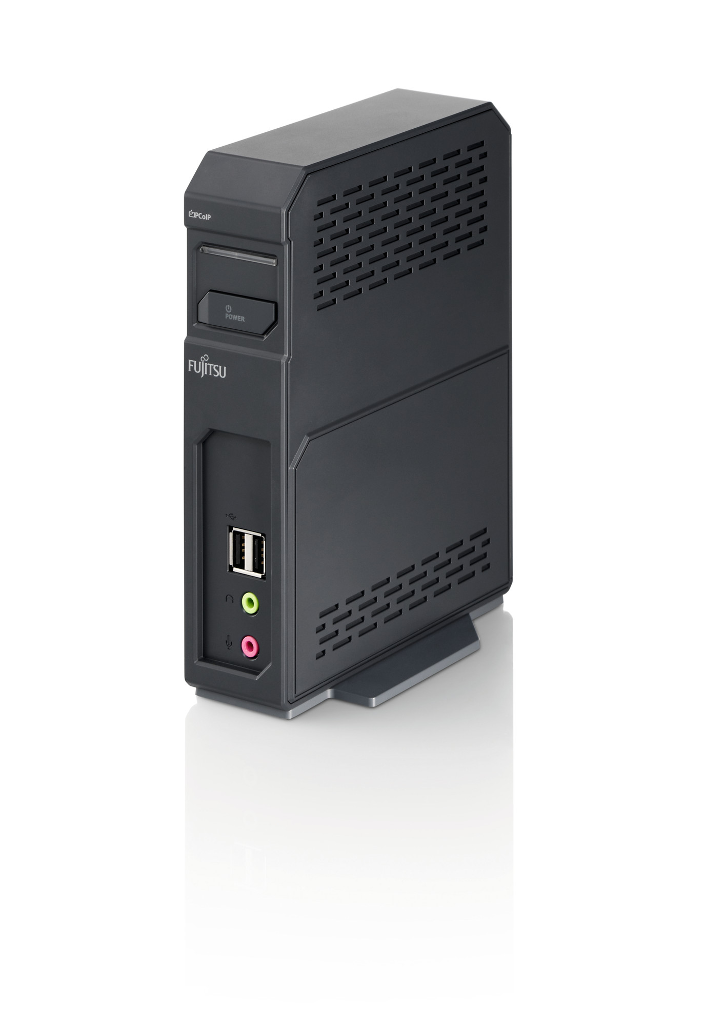 Czarny cienki klient cienki Fujitsu z logo PCoIP, przyciskiem POWER i portami USB oraz audio z przodu
