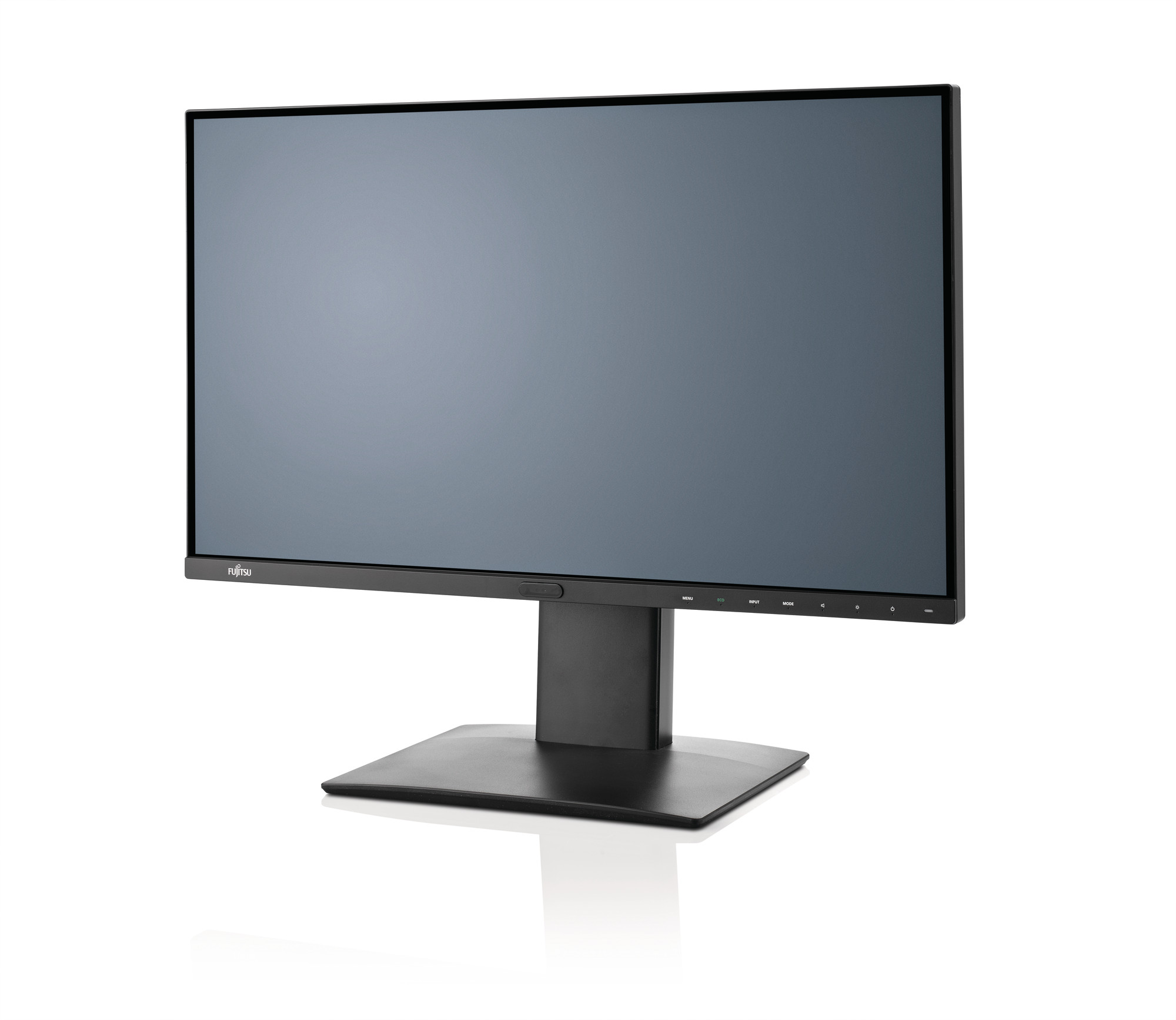 Czarny monitor Fujitsu P27-8 TS Pro na smukłej podstawie, widok z ukosa, ekran z szarym tłem.