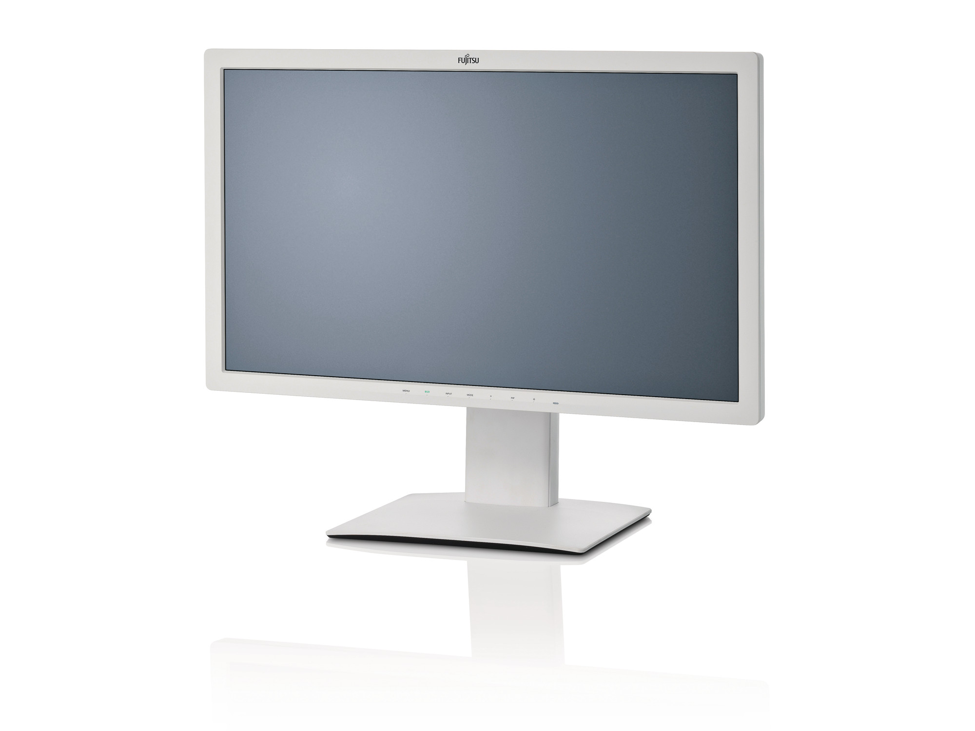 Biały monitor Fujitsu z szerokim ekranem, na smukłej podstawie z odbiciem, widok z lekkiego ukosa