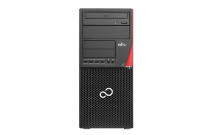 Komputer stacjonarny Fujitsu P910 w obudowie tower, czarny z czerwonym akcentem, widok z przodu