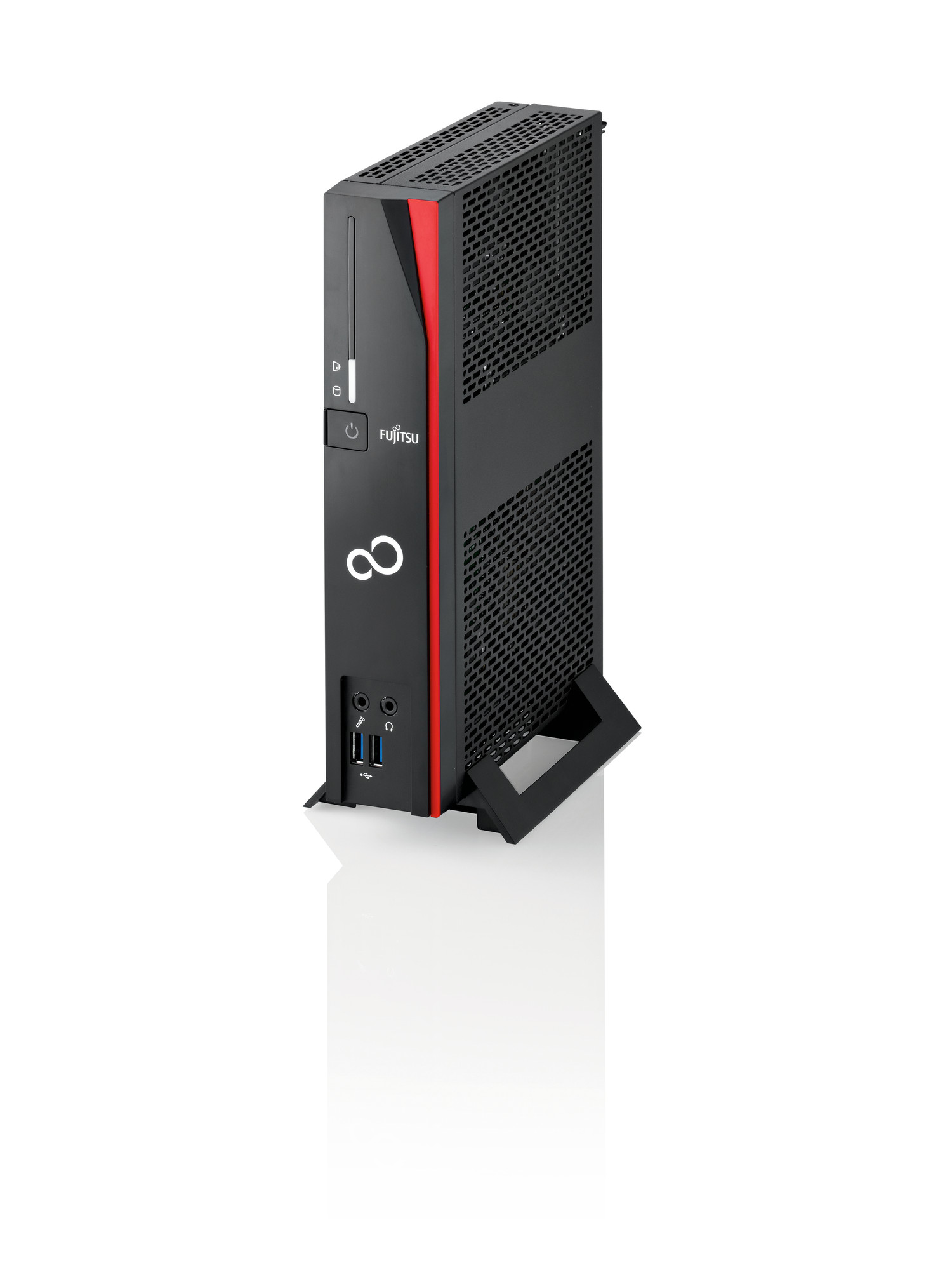 Komputer Fujitsu S930 w pionowej pozycji, czarna obudowa z czerwonym akcentem i wentylowanymi bokami