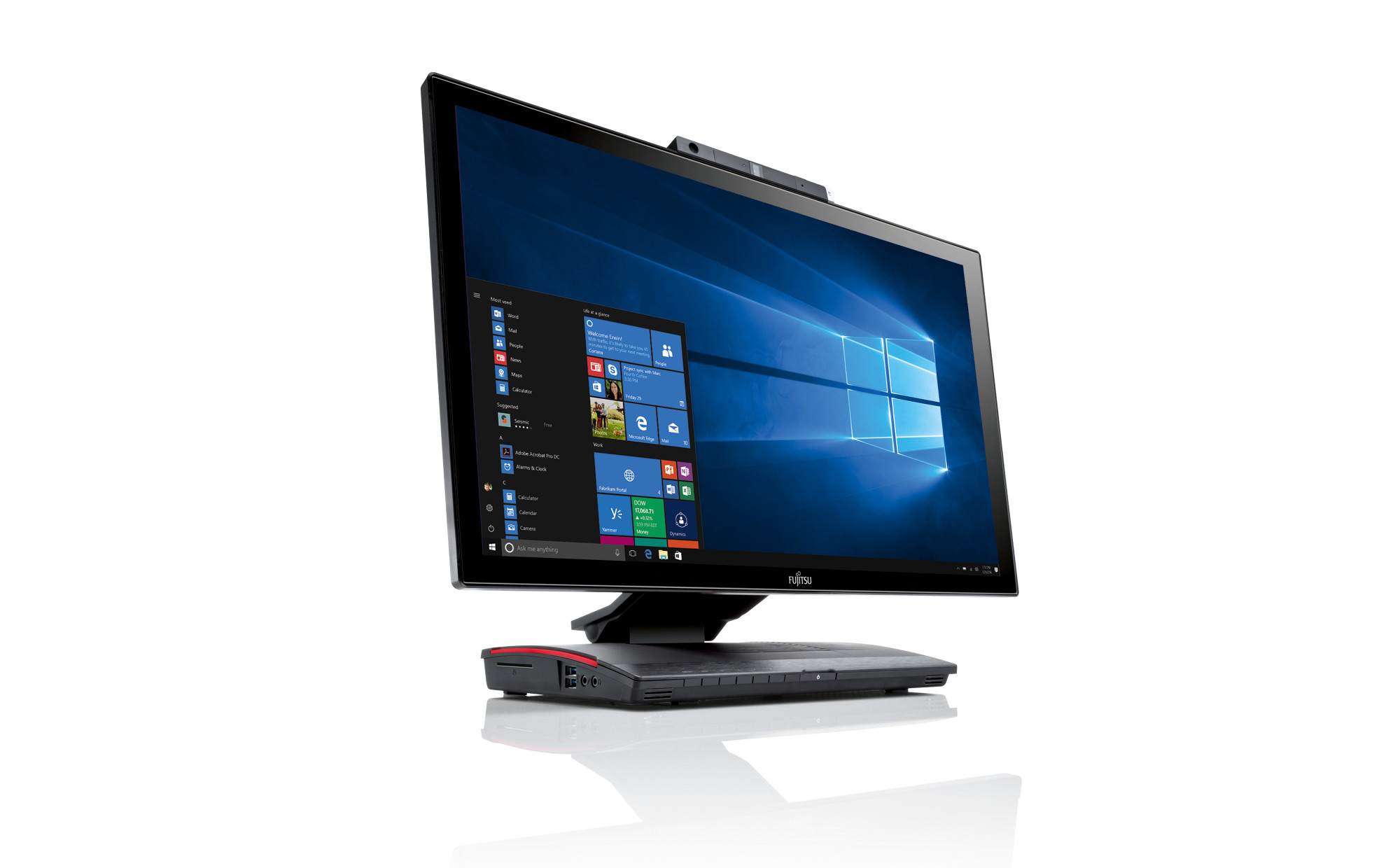 Komputer All-in-One Fujitsu X923 z czarnym monitorem, kamerką nad ekranem i podstawką z czerwonym akcentem, z Windows 10.