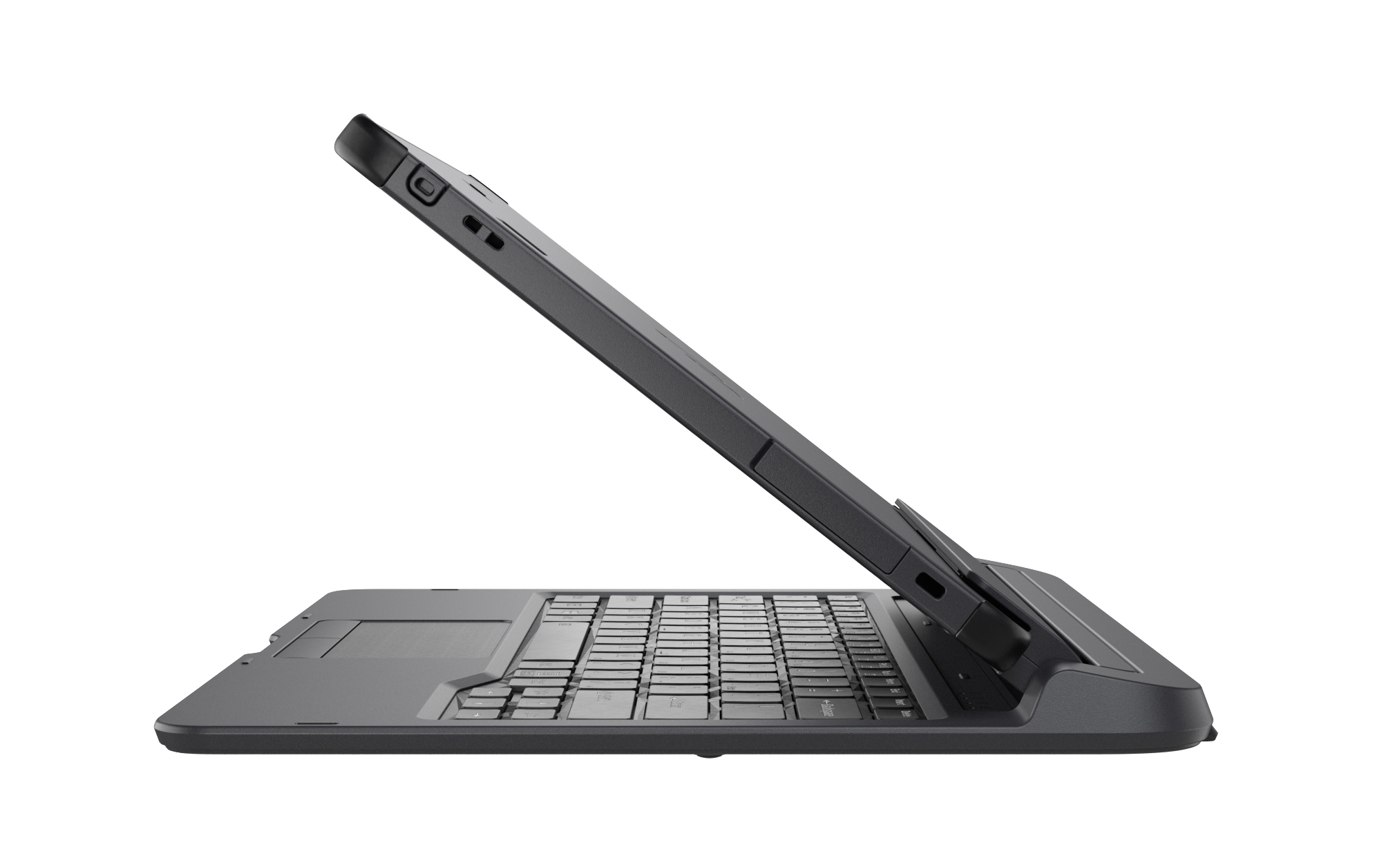 Tablet Fujitsu Q7310 z klawiaturą w bocznym ujęciu, ekran odchylony na podstawce