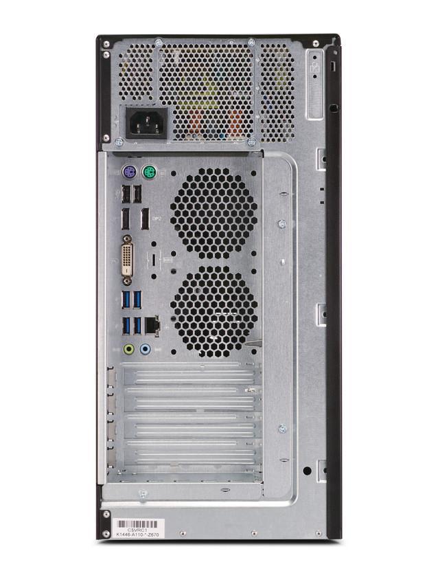 Tylny panel komputera Fujitsu Q556/2 z portami USB, DVI, PS/2 i gniazdami audio oraz zasilaczem